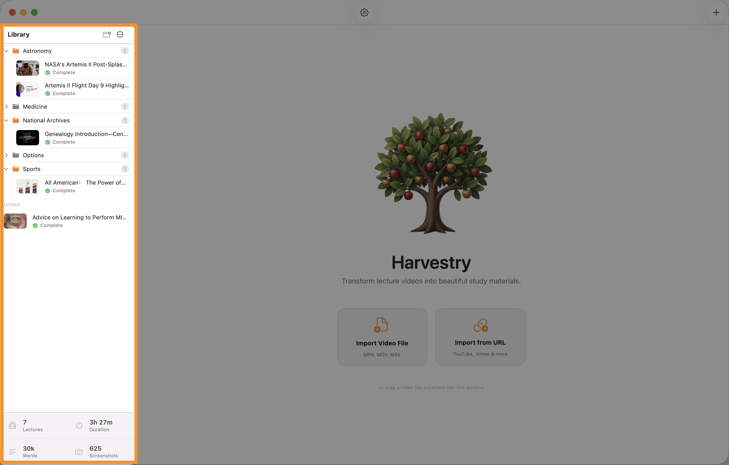 Harvestry library showing completed lectures organized in folders in the sidebar