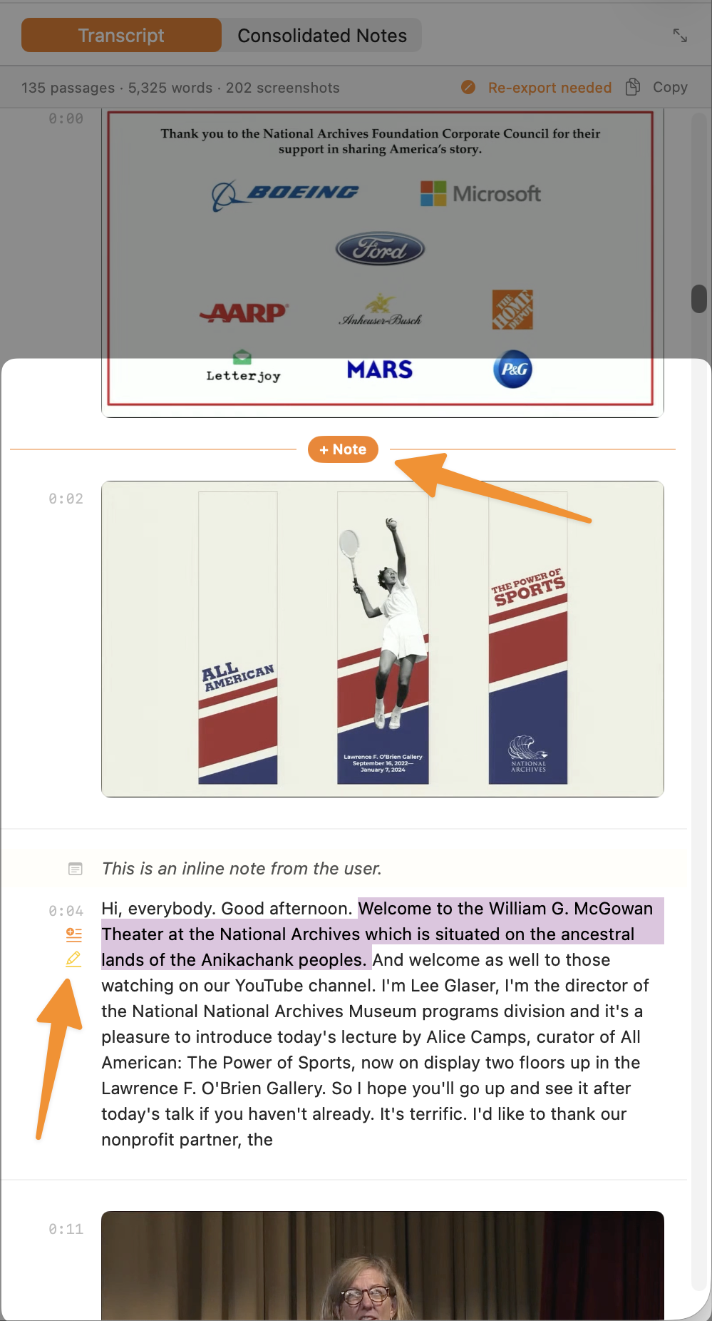 Harvestry annotations showing highlights, margin notes, and inline notes in the transcript panel