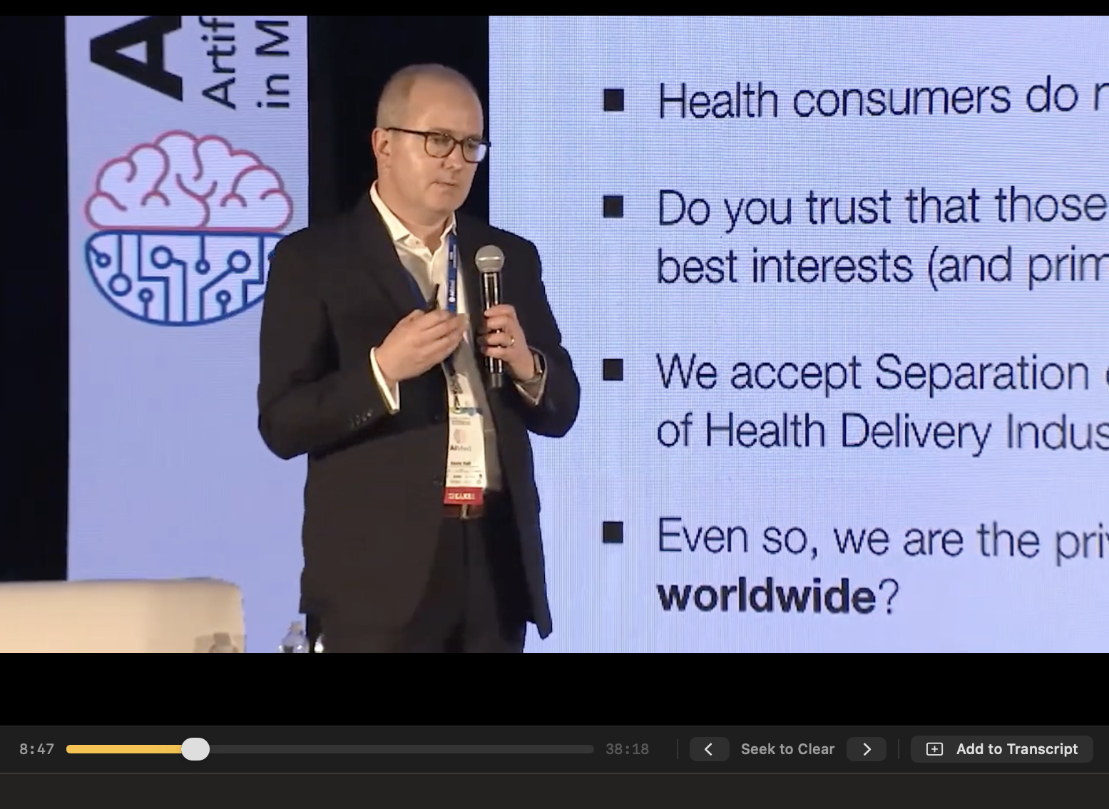 Harvestry video player showing the scrubber timeline, Seek to Clear, and Add to Transcript controls