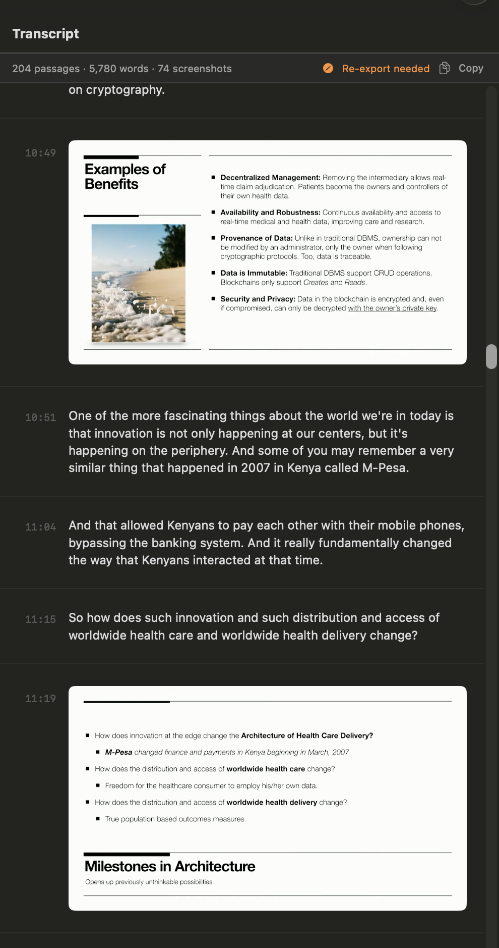 Harvestry transcript panel showing captured screenshots alongside timestamped passages