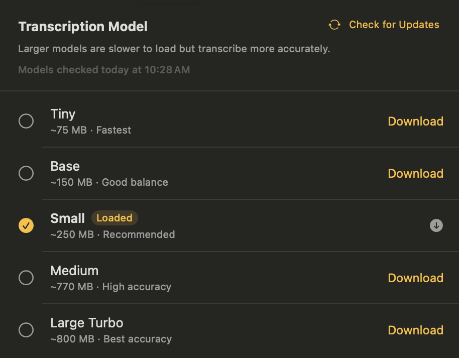 Harvestry Settings — Transcription Model panel showing five Whisper model sizes
